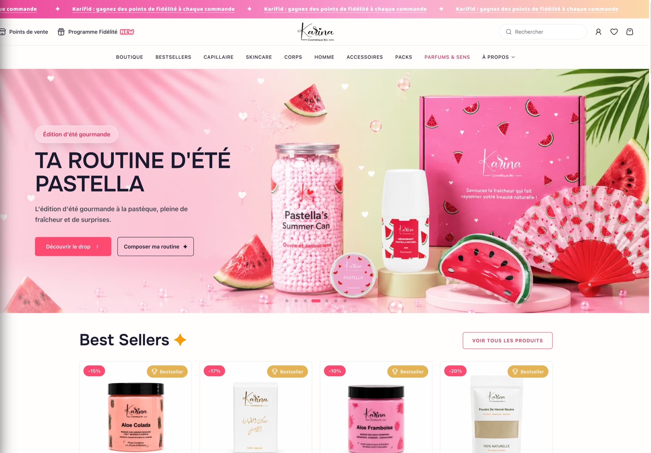 Karina seasonal campaign and product catalogue on the live storefront
